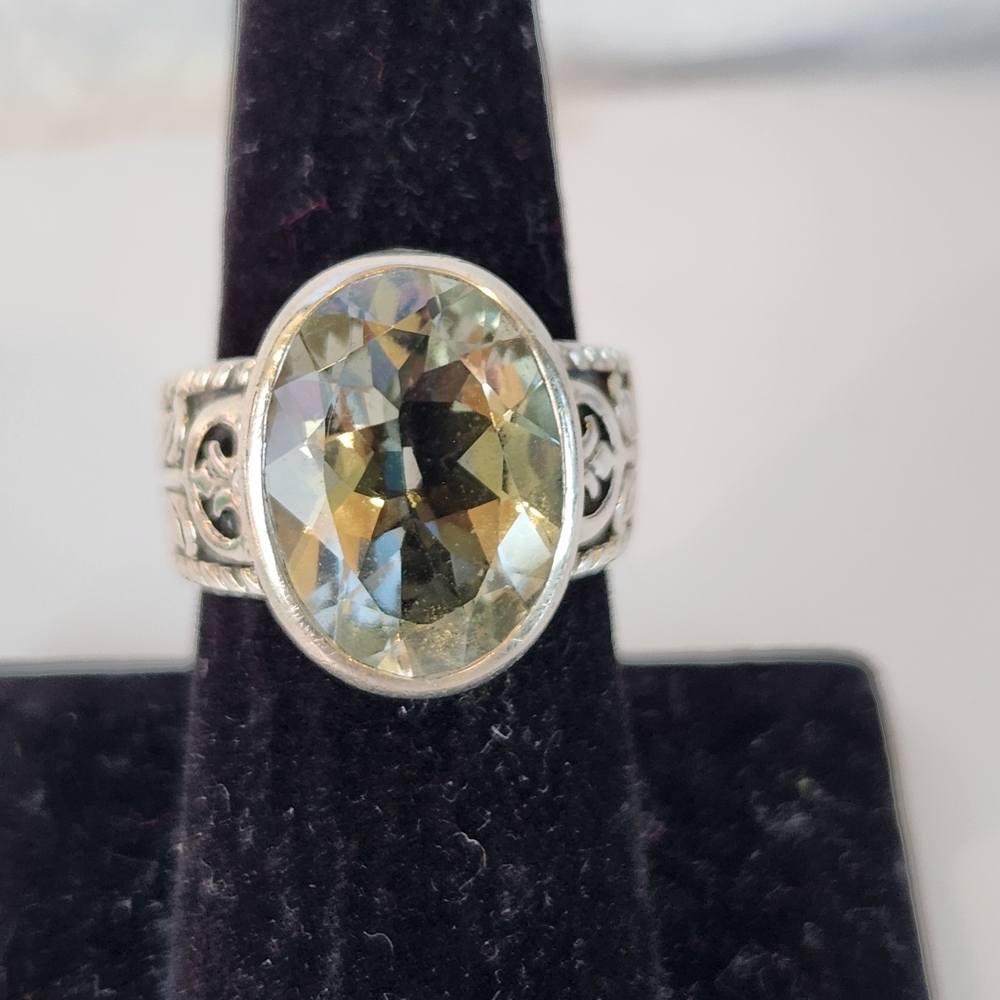 natural green amethyst 925 sterling silver scroll faceted bezel set ring sz 7.5